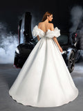 Gorgeous Off Shoulder Puff Sleeves Split Satin A-line Wedding Dress