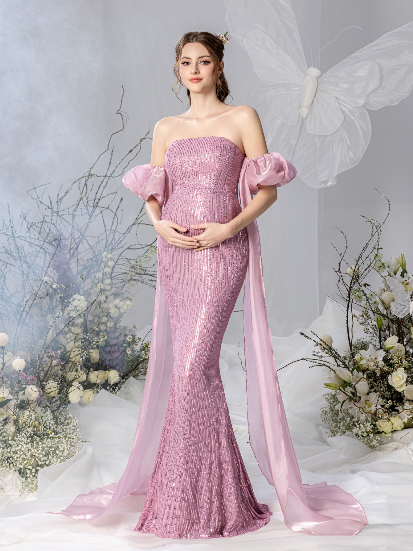 Maternity Strapless Mermaid Hem Sequin Evening Dress