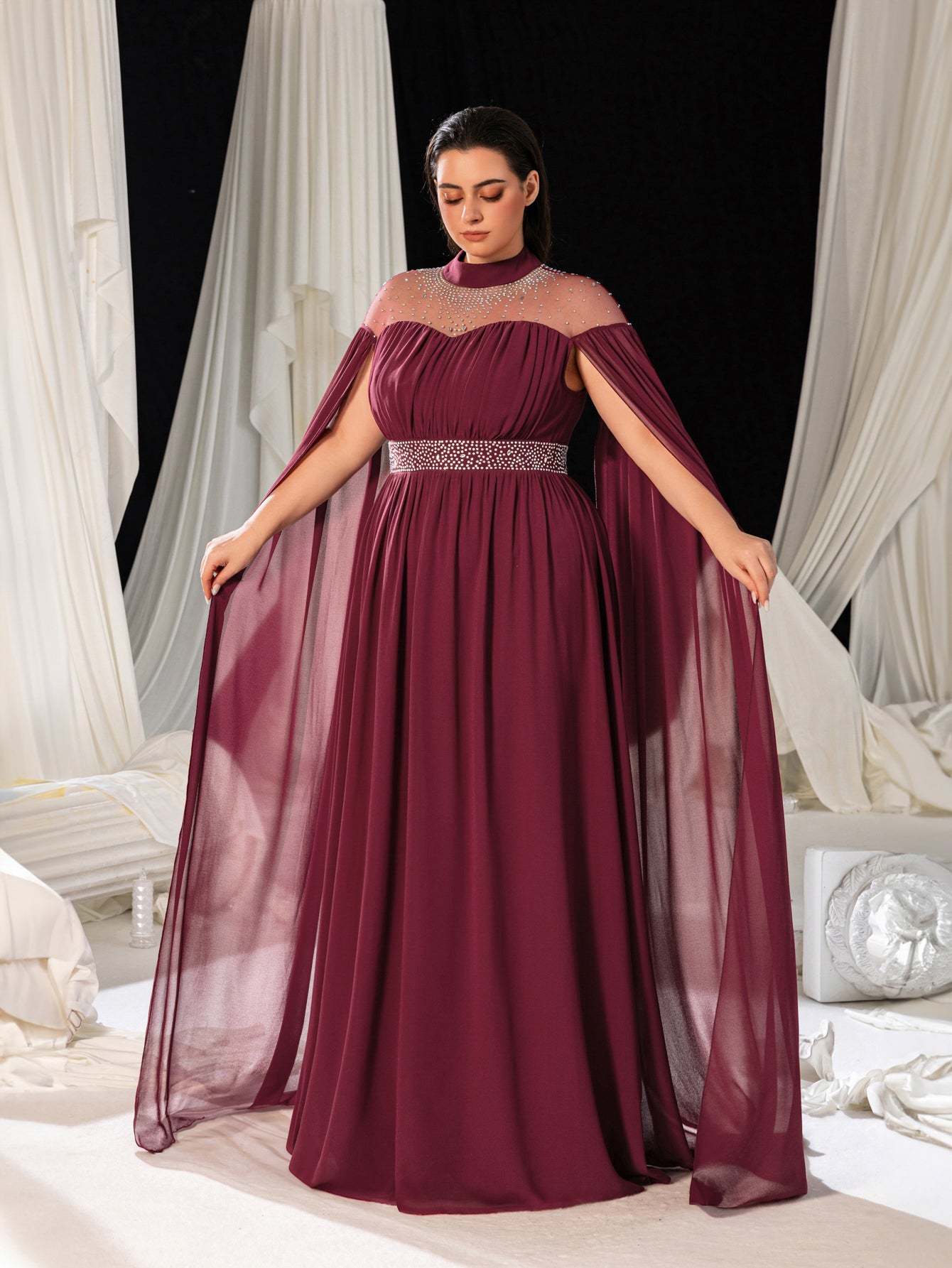 Plus Dramatic Cape Evening Dress | High Neck Chiffon with Rhinestone Details