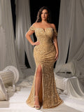 Plus Off Shoulder Split Thigh Mermaid Hem Sequin Formal Evening Dress