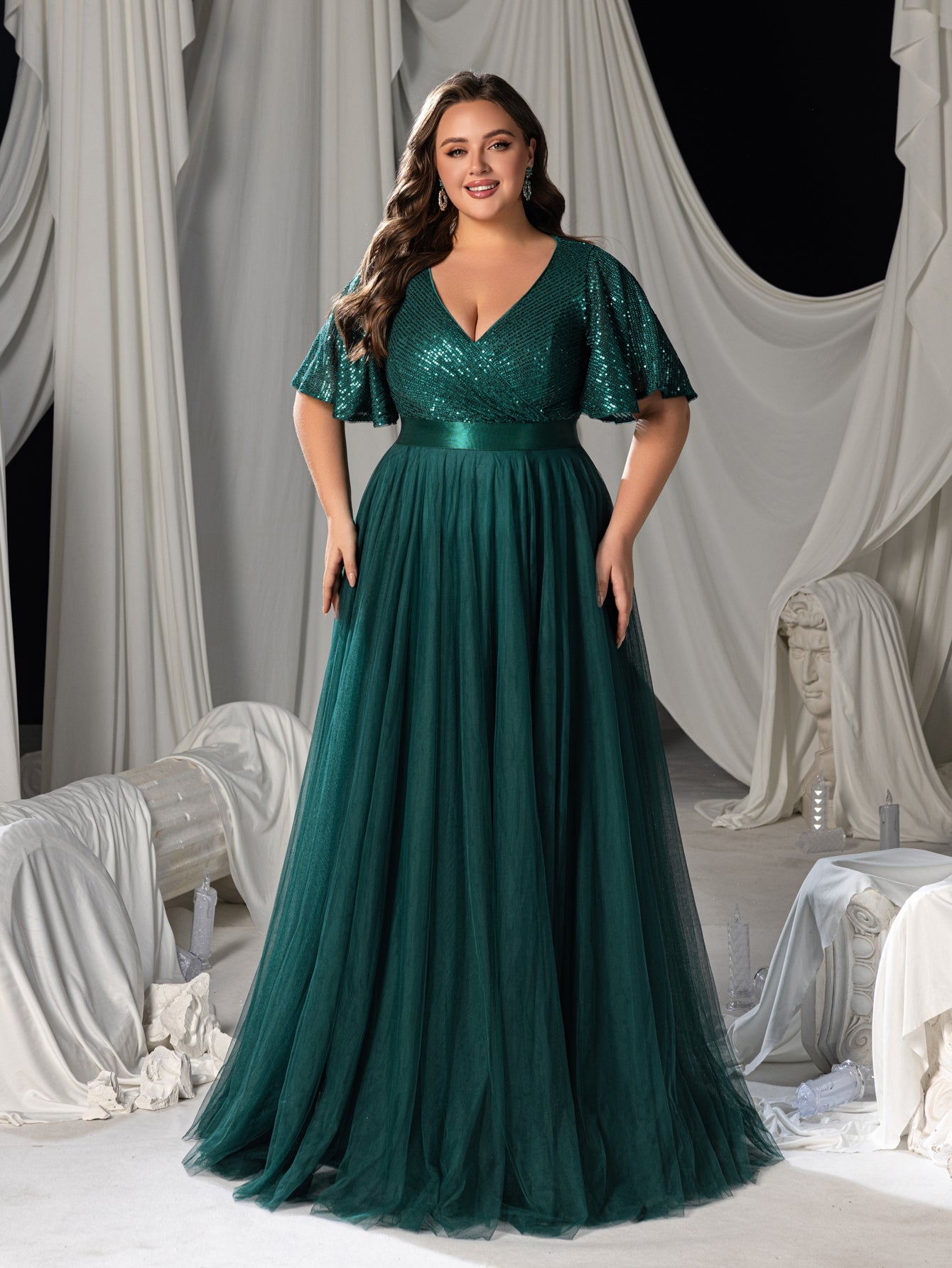 Plus Elegant Surplice Neck Butterfly Sleeves Sequin Evening Dress