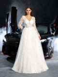 Gorgeous Plunging Neck Backless Applique Tulle Wedding Dress