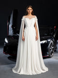 Elegant Applique Detail Boat Neck Ruched Front Cape Sleeves Chiffon Wedding Dress