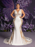 Plus Elegant Backless Contrast Lace Mermaid Hem Maxi Wedding Dress