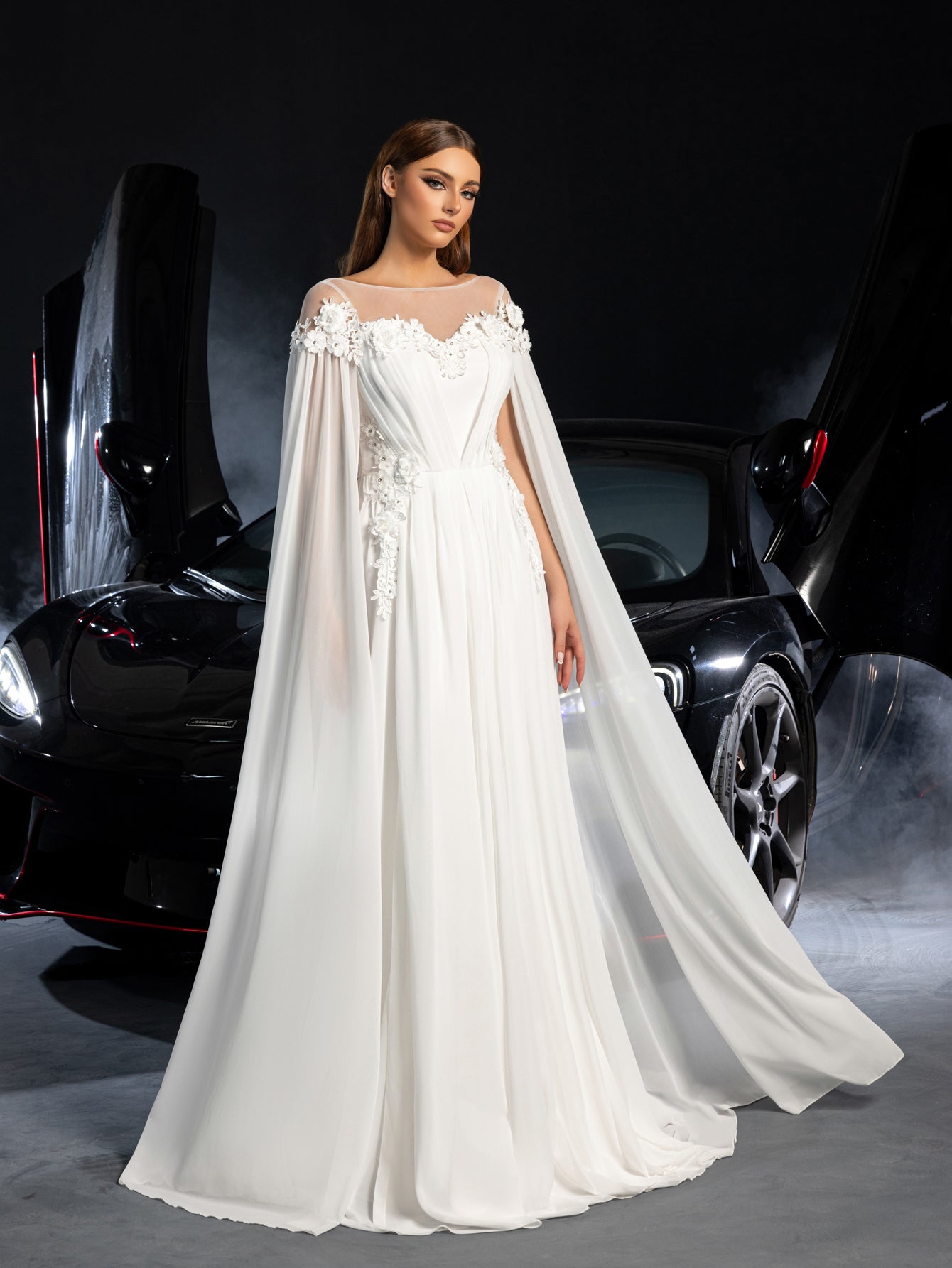 Elegant Applique Detail Boat Neck Ruched Front Cape Sleeves Chiffon Wedding Dress