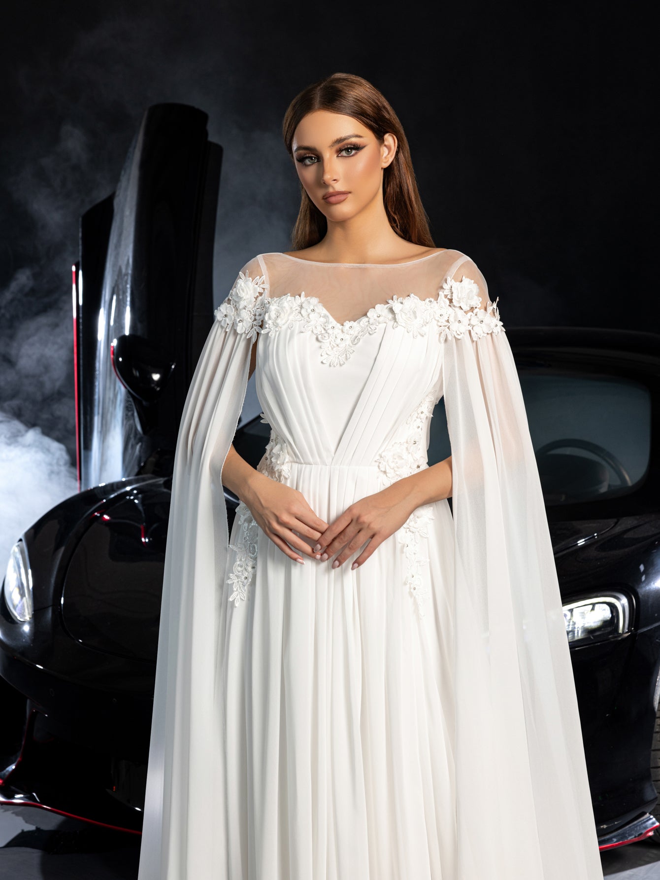 Elegant Applique Detail Boat Neck Ruched Front Cape Sleeves Chiffon Wedding Dress