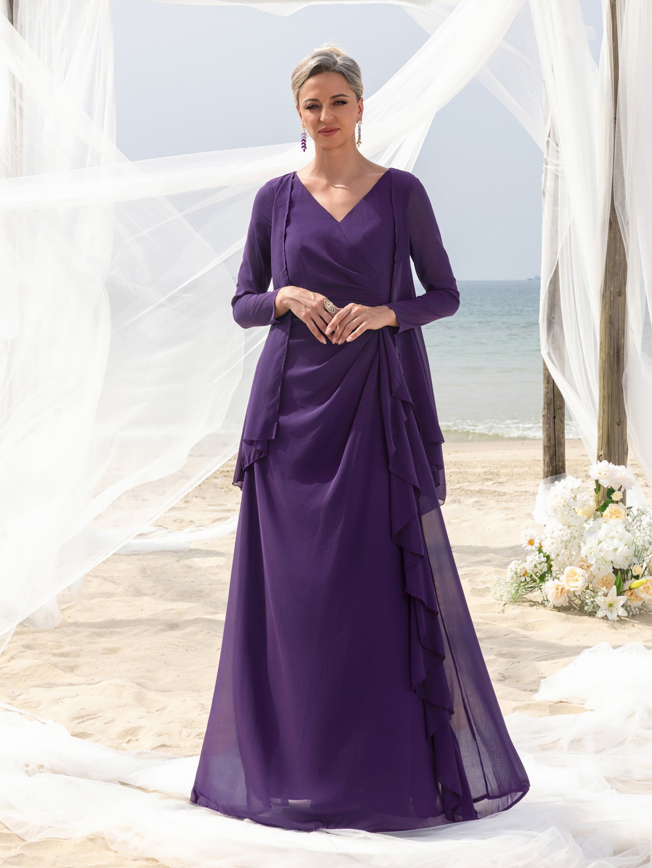 Womens' Fake Two-Piece Evening Gown: V-Neck Long Sleeve Formal Dress for Mother of the Bride