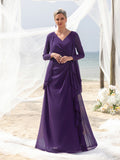 Womens' Fake Two-Piece Evening Gown: V-Neck Long Sleeve Formal Dress for Mother of the Bride
