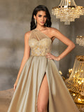 Elegant One-Shoulder Evening Gown with Intricate Floral Embellishments, Satin Skirt, Back Lacing Detail & High Side Slit | Floor-Length Elegant Formal Dress for Galas & Special Occasions