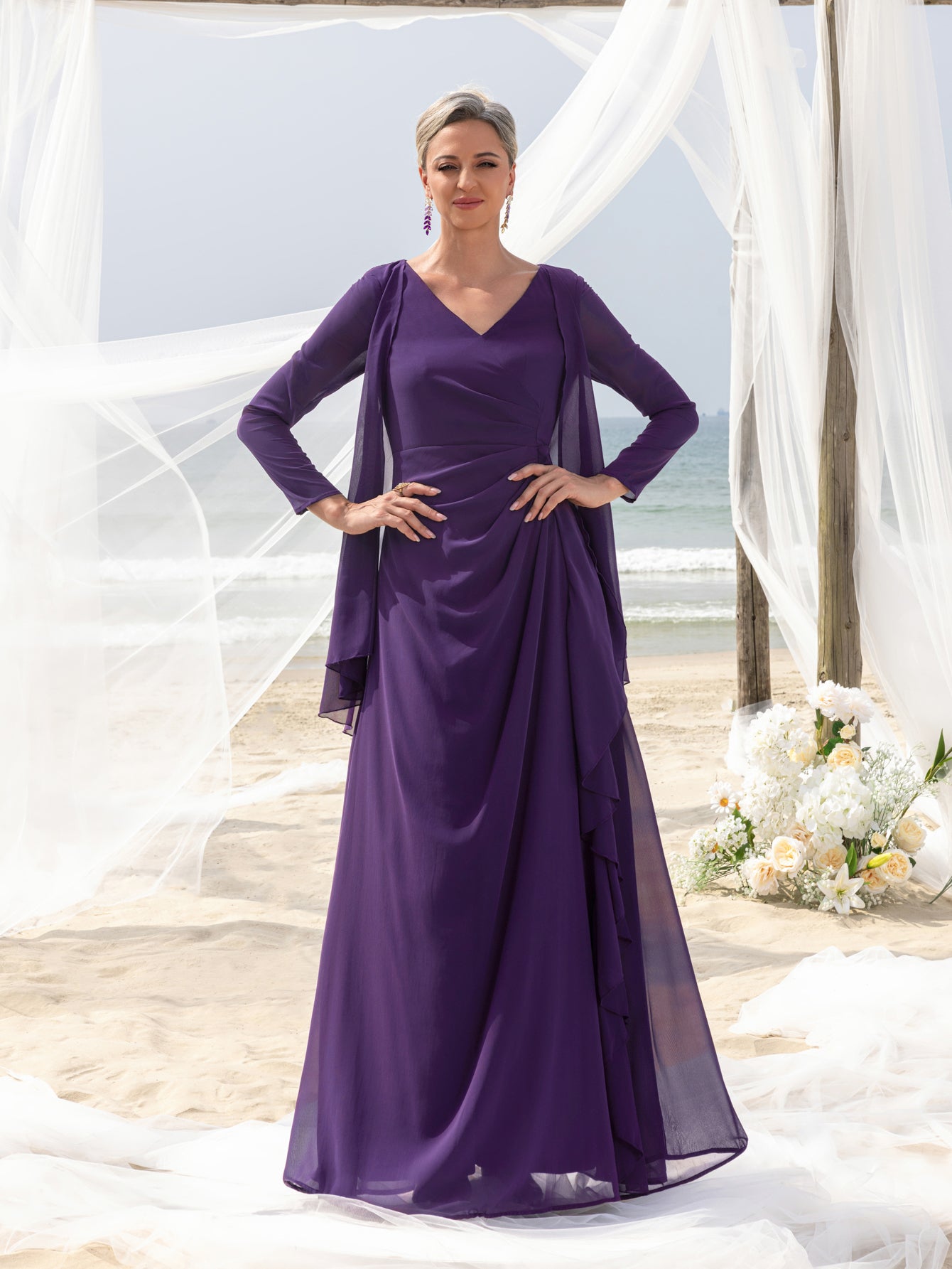 Womens' Fake Two-Piece Evening Gown: V-Neck Long Sleeve Formal Dress for Mother of the Bride