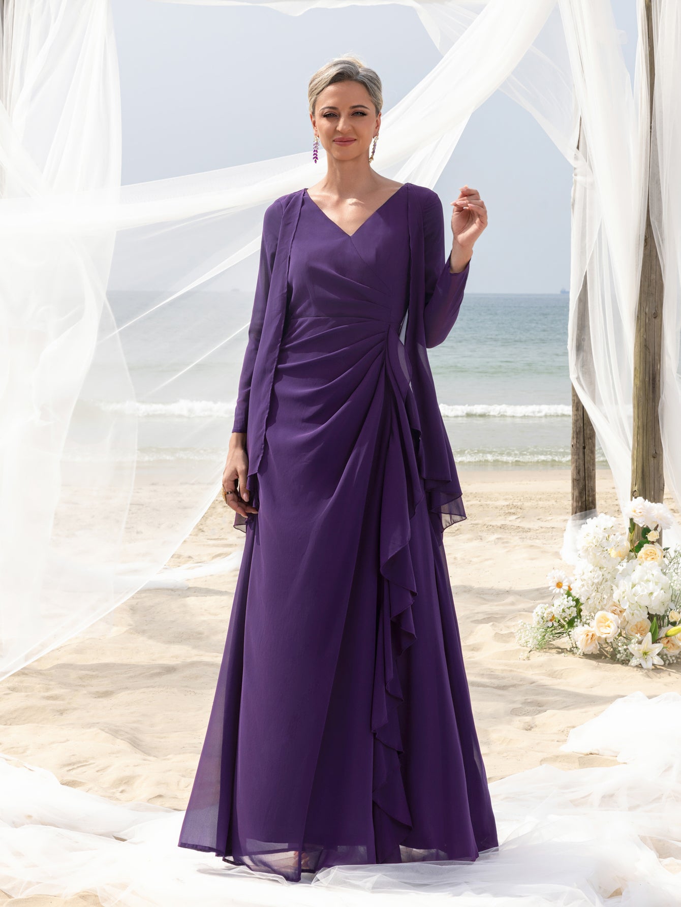 Womens' Fake Two-Piece Evening Gown: V-Neck Long Sleeve Formal Dress for Mother of the Bride