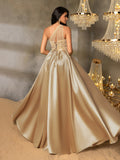 Elegant One-Shoulder Evening Gown with Intricate Floral Embellishments, Satin Skirt, Back Lacing Detail & High Side Slit | Floor-Length Elegant Formal Dress for Galas & Special Occasions