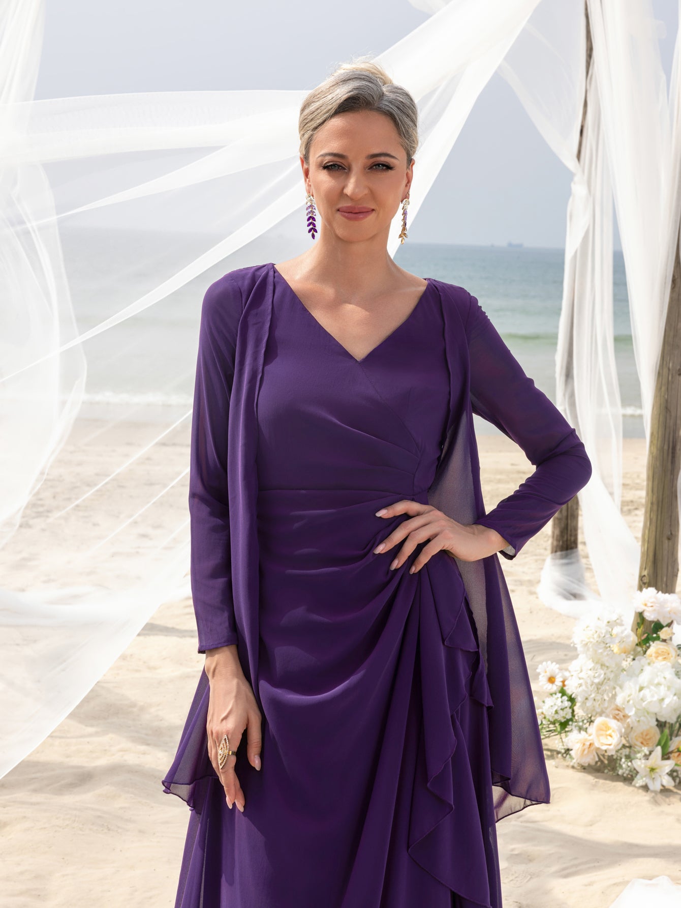 Womens' Fake Two-Piece Evening Gown: V-Neck Long Sleeve Formal Dress for Mother of the Bride