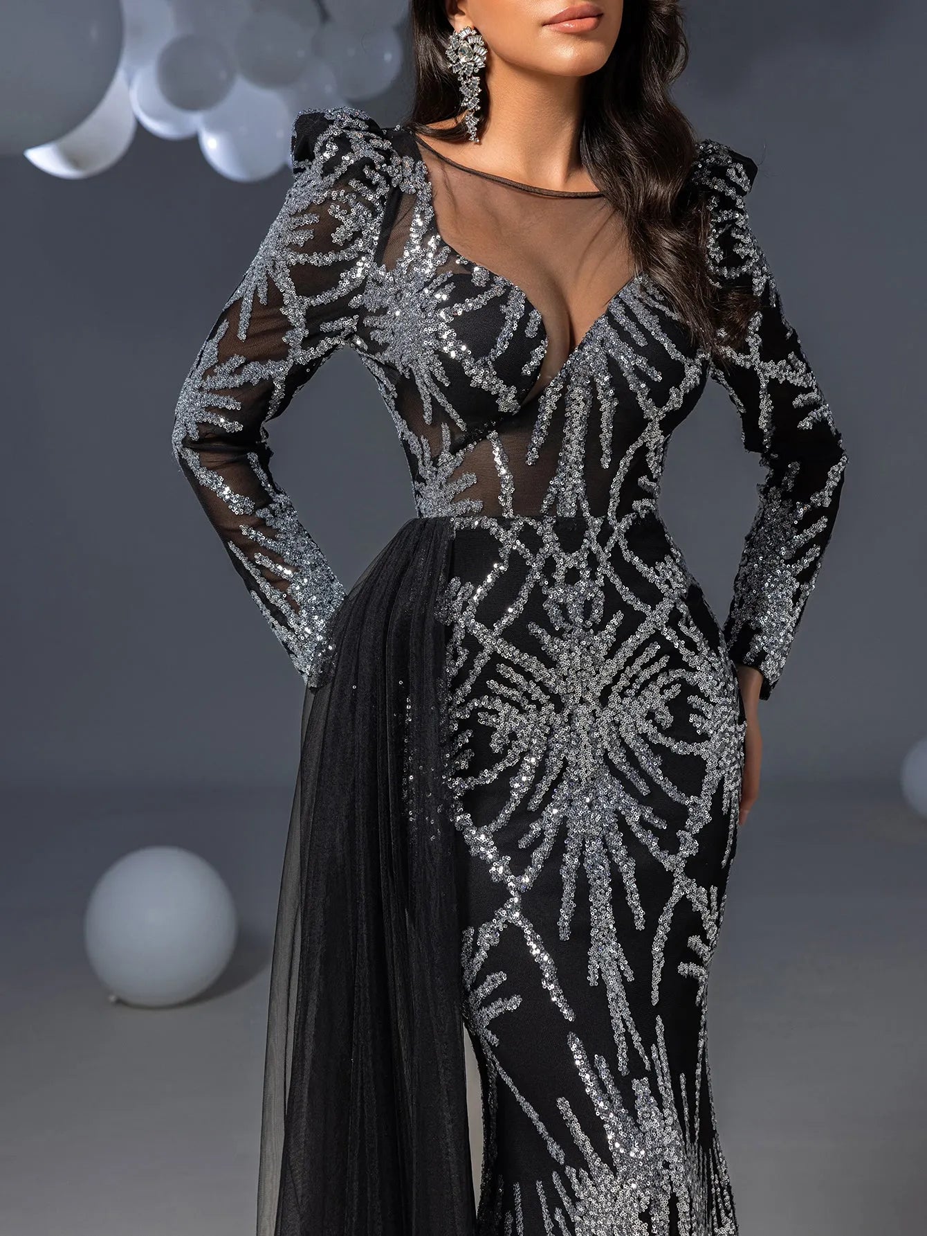 Gorgeous Graphic Sequin Sheer Overlay Mermaid Hem Evening Dress