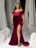 Plus Size Velvet Off-Shoulder Evening Gown - Mermaid Dress with High Slit & Train