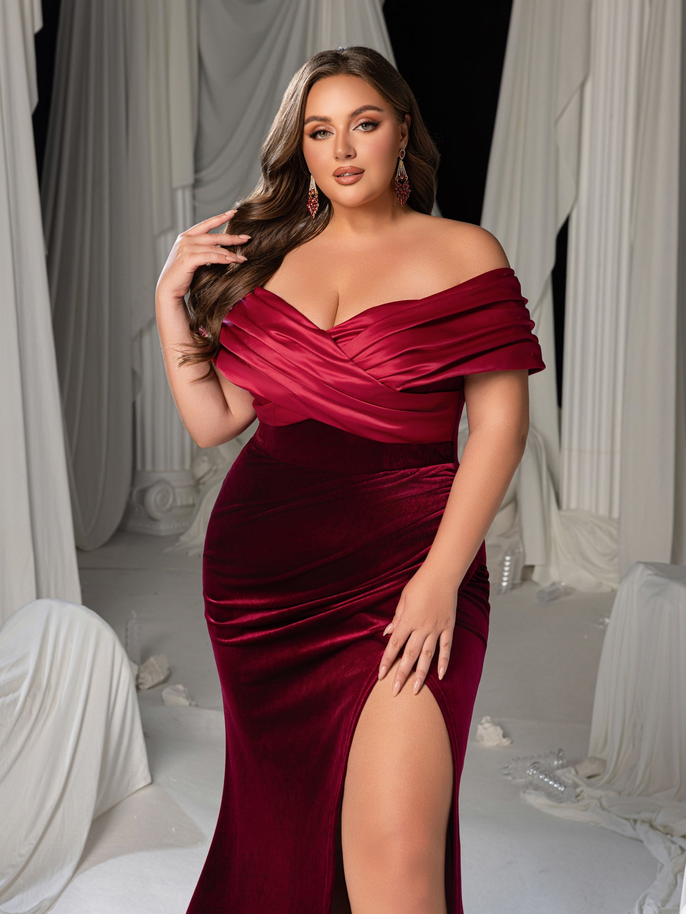 Plus Size Velvet Off-Shoulder Evening Gown - Mermaid Dress with High Slit & Train