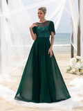 Womens' Elegant Lace Floor-Length Evening Gown for Mother of the Bride – Flared Short Sleeves, Chest-to-Waist Lace Motifs, Voluminous Flowing Skirt for Beach Coastal Weddings & Family Gatherings