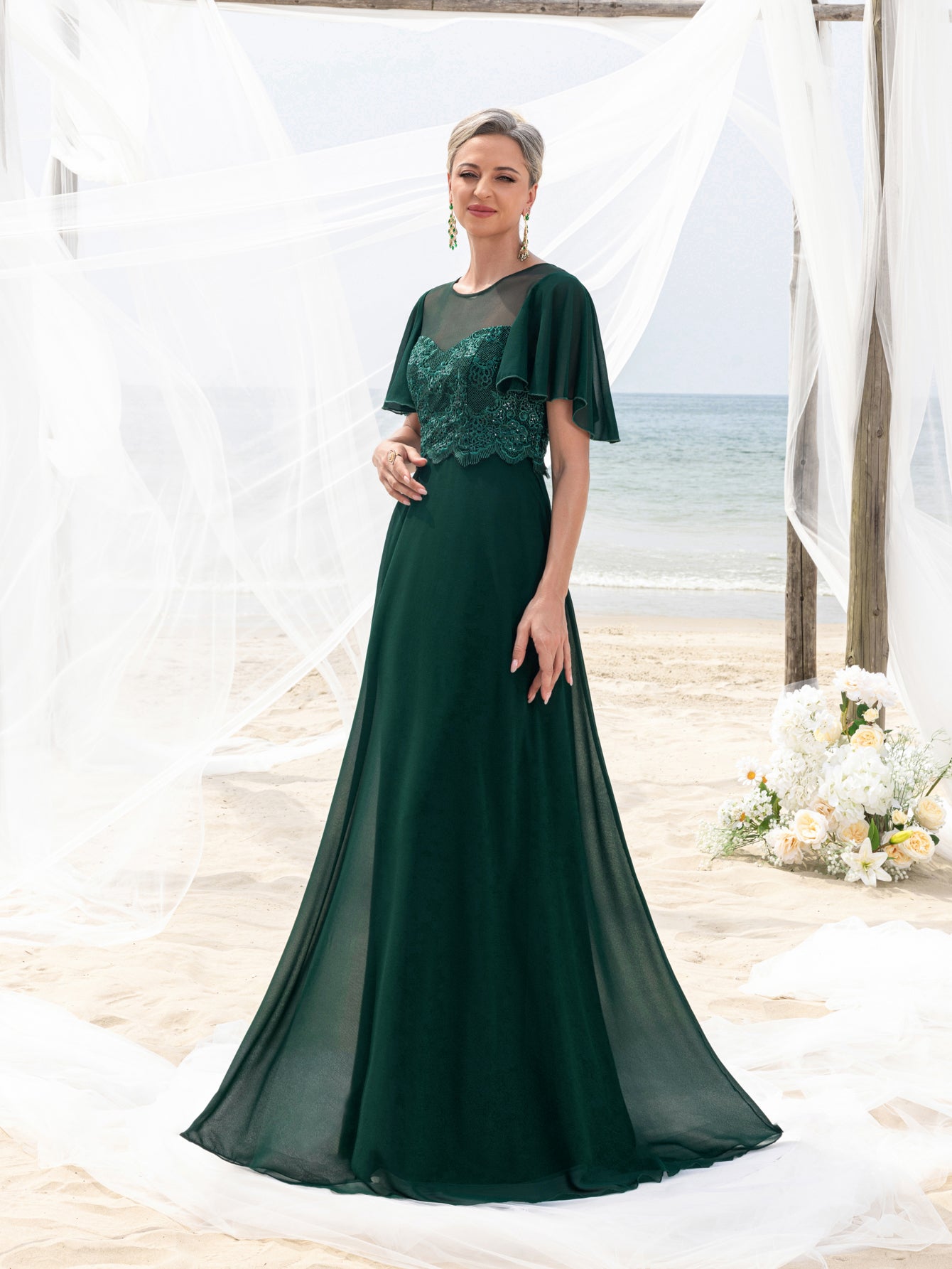 Womens' Elegant Lace Floor-Length Evening Gown for Mother of the Bride – Flared Short Sleeves, Chest-to-Waist Lace Motifs, Voluminous Flowing Skirt for Beach Coastal Weddings & Family Gatherings
