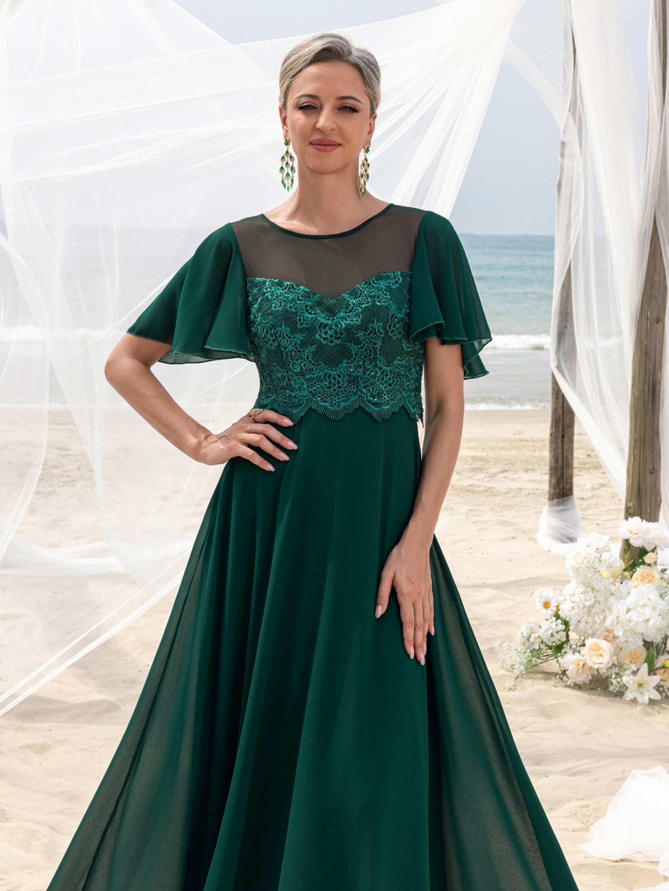 Womens' Elegant Lace Floor-Length Evening Gown for Mother of the Bride – Flared Short Sleeves, Chest-to-Waist Lace Motifs, Voluminous Flowing Skirt for Beach Coastal Weddings & Family Gatherings