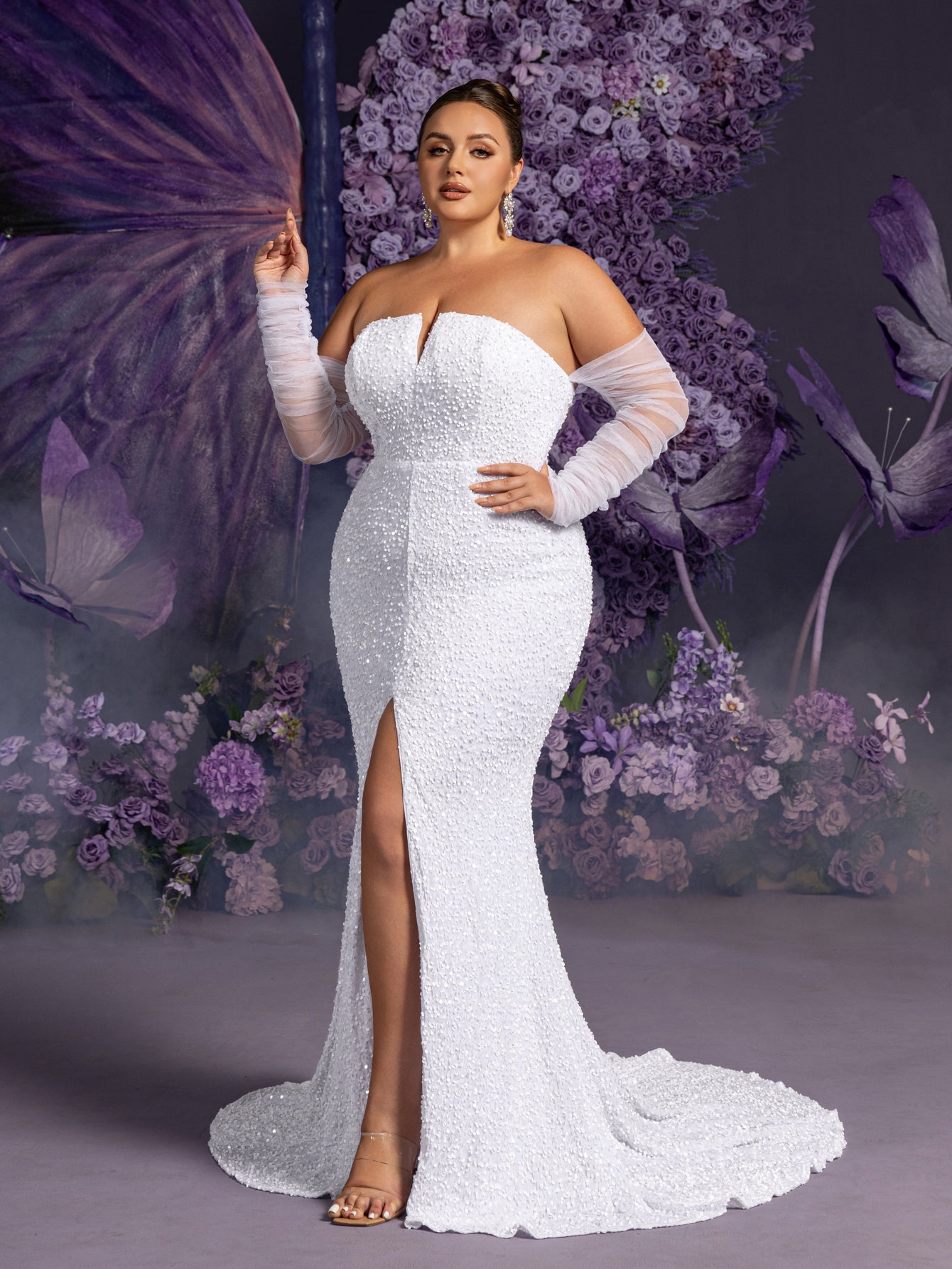 Plus Sheer Sleeves Split Mermaid Hem Sequin Tube Wedding Dress