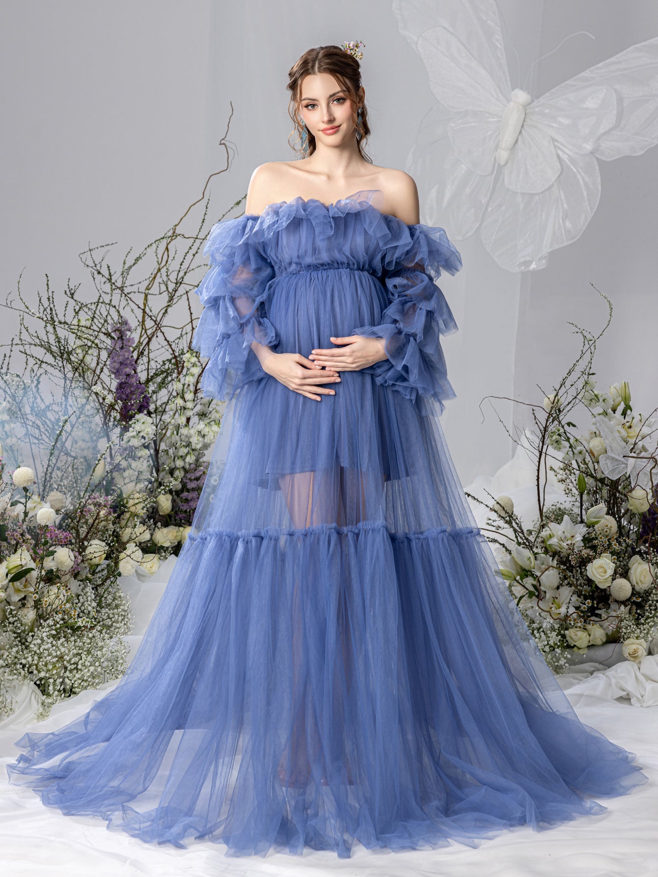 Maternity Ruffle Trim Off Shoulder Mesh Overlay Photography Dress