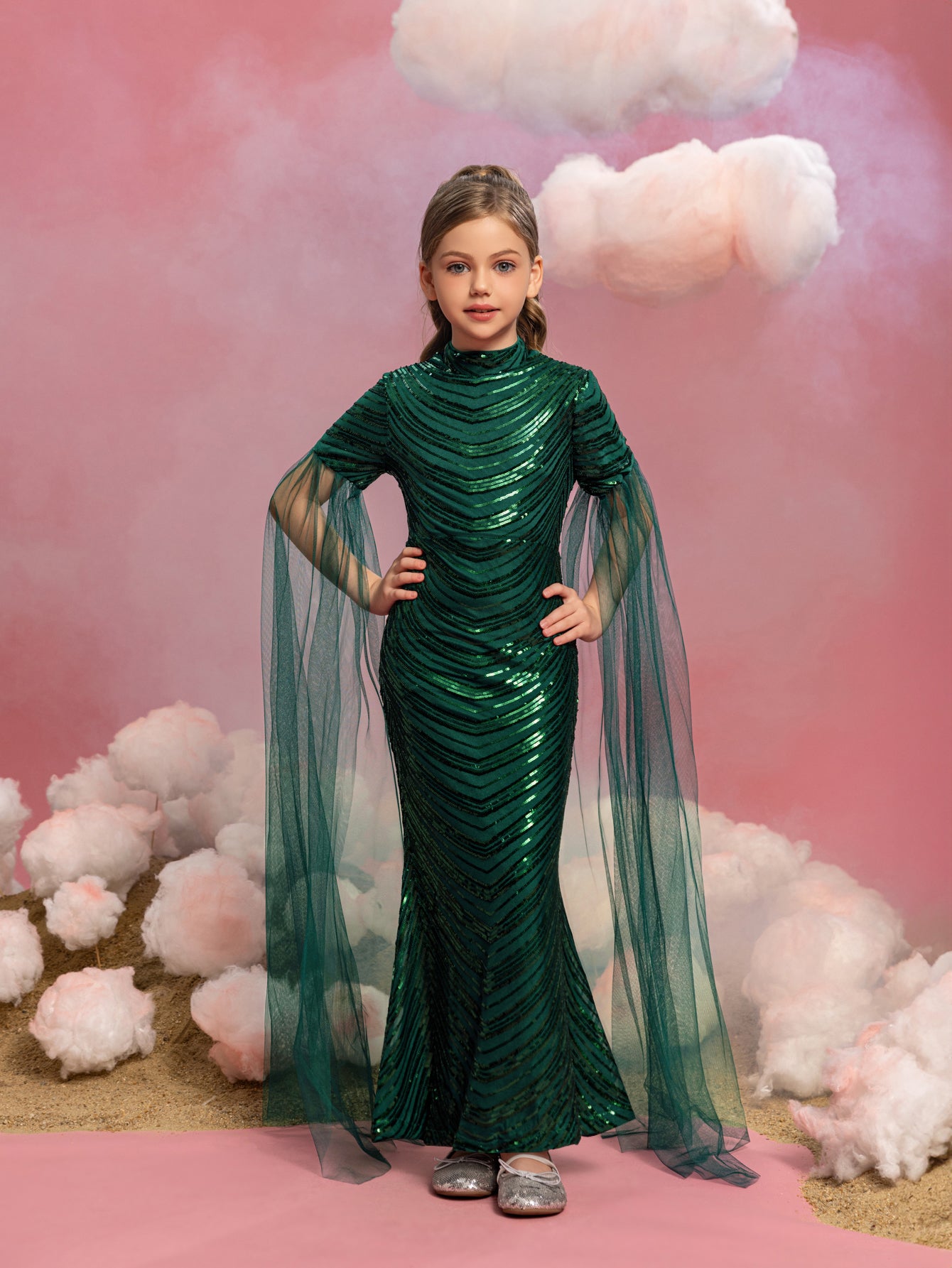 Tween Girls' Cloak Sleeves Sequin Mermaid Dress