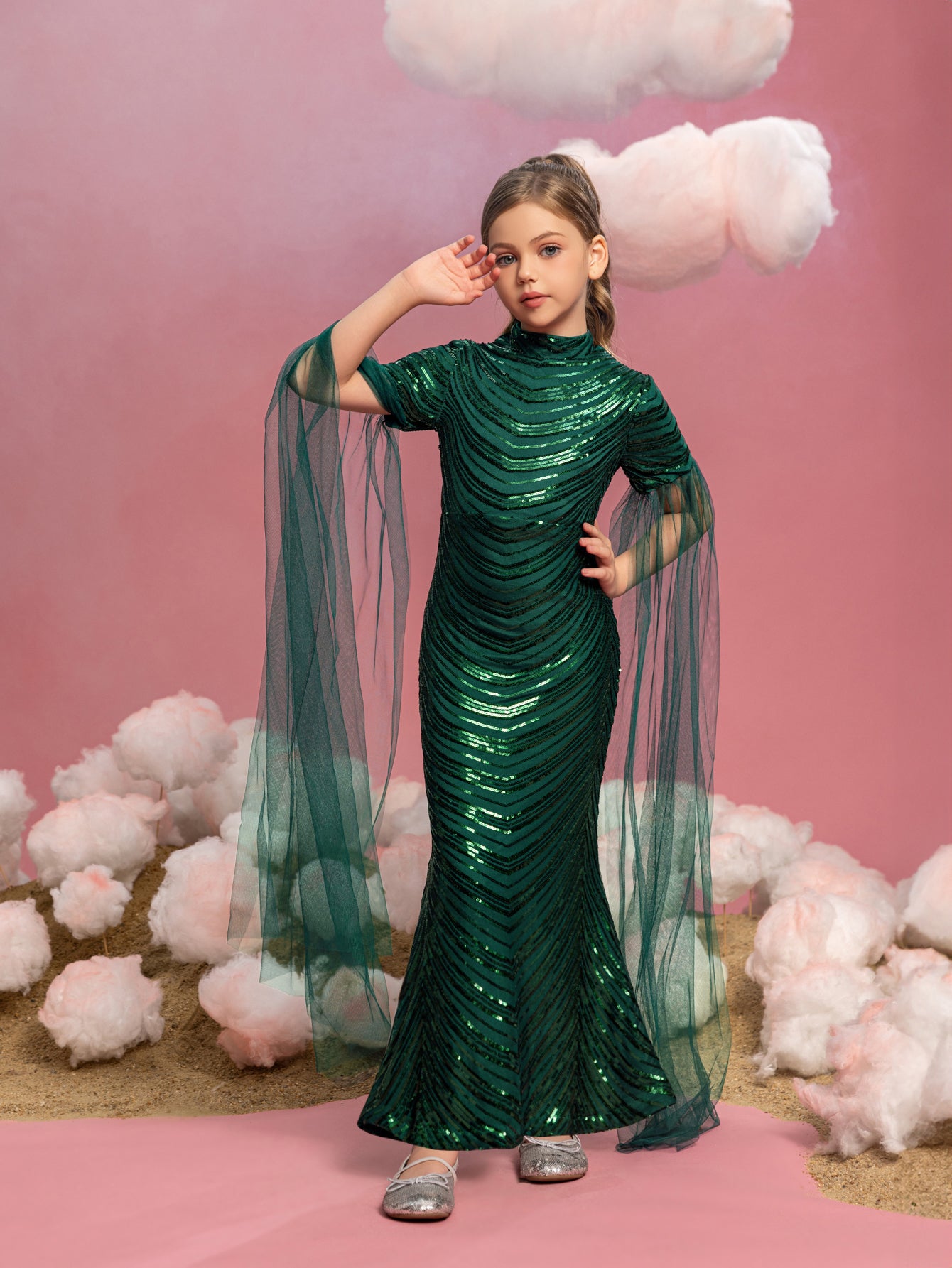 Tween Girls' Cloak Sleeves Sequin Mermaid Dress