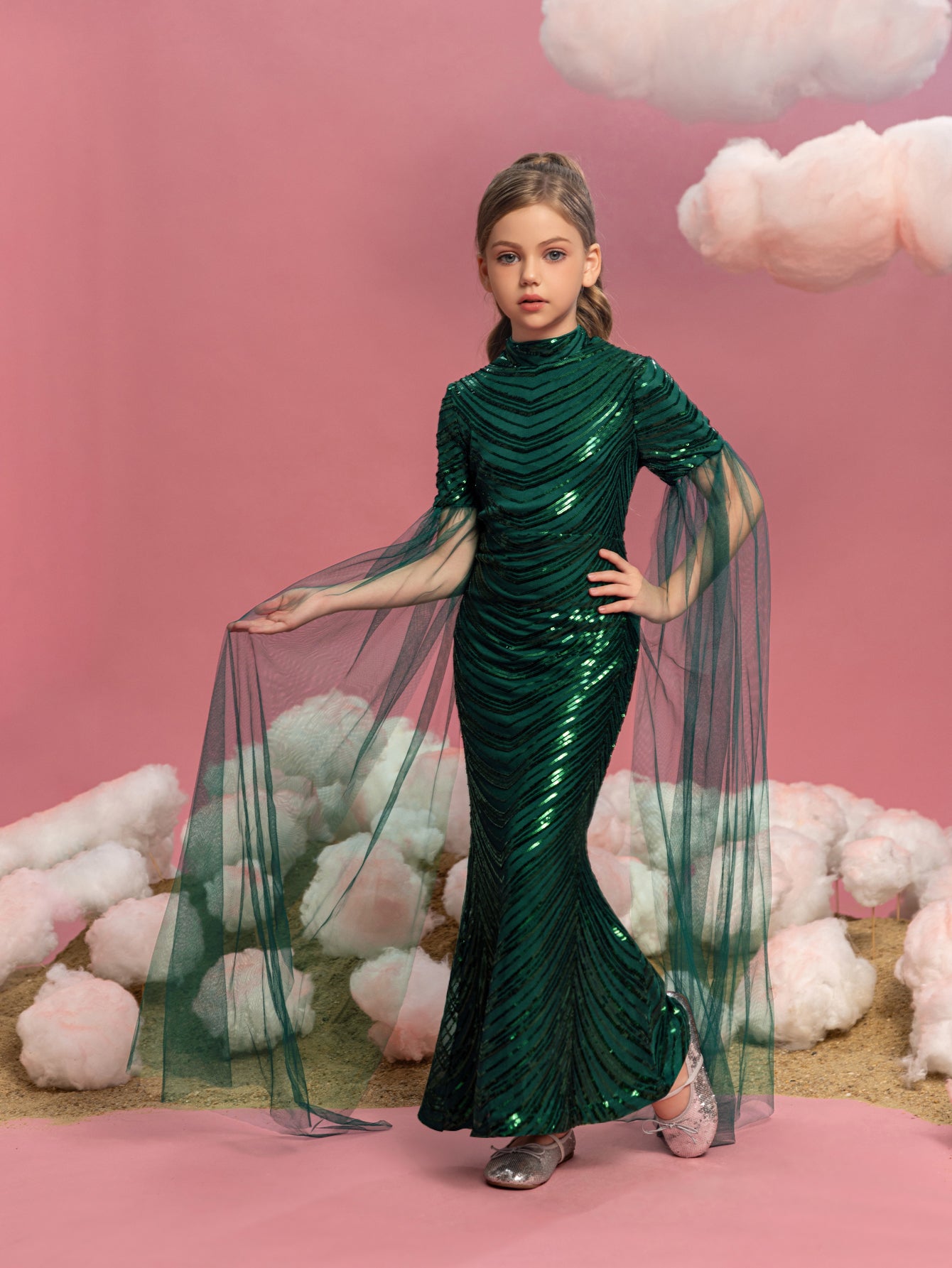 Tween Girls' Cloak Sleeves Sequin Mermaid Dress