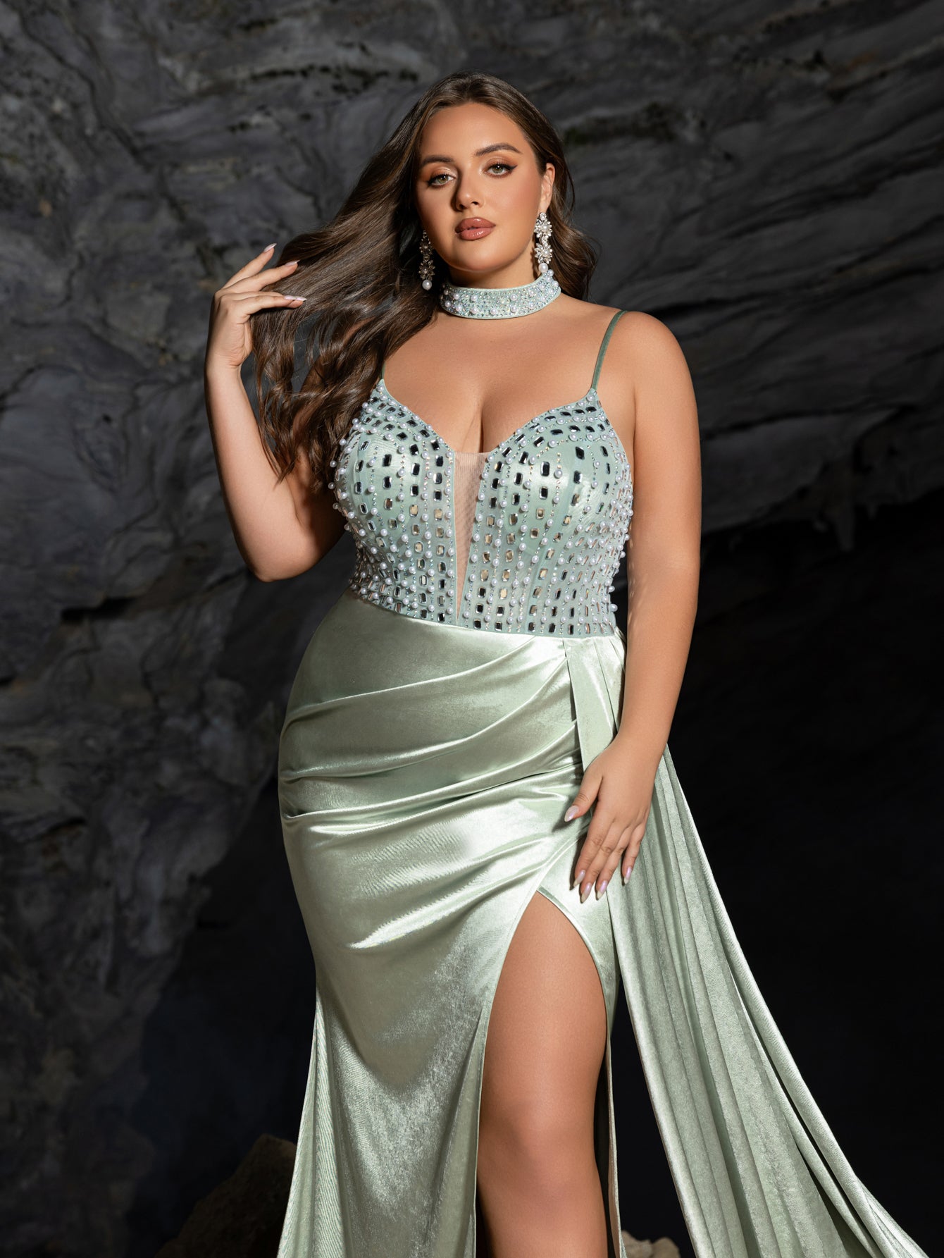 Plus Beaded Sweetheart Mermaid Gown | Spaghetti Straps with Side Slit & Cascading Train