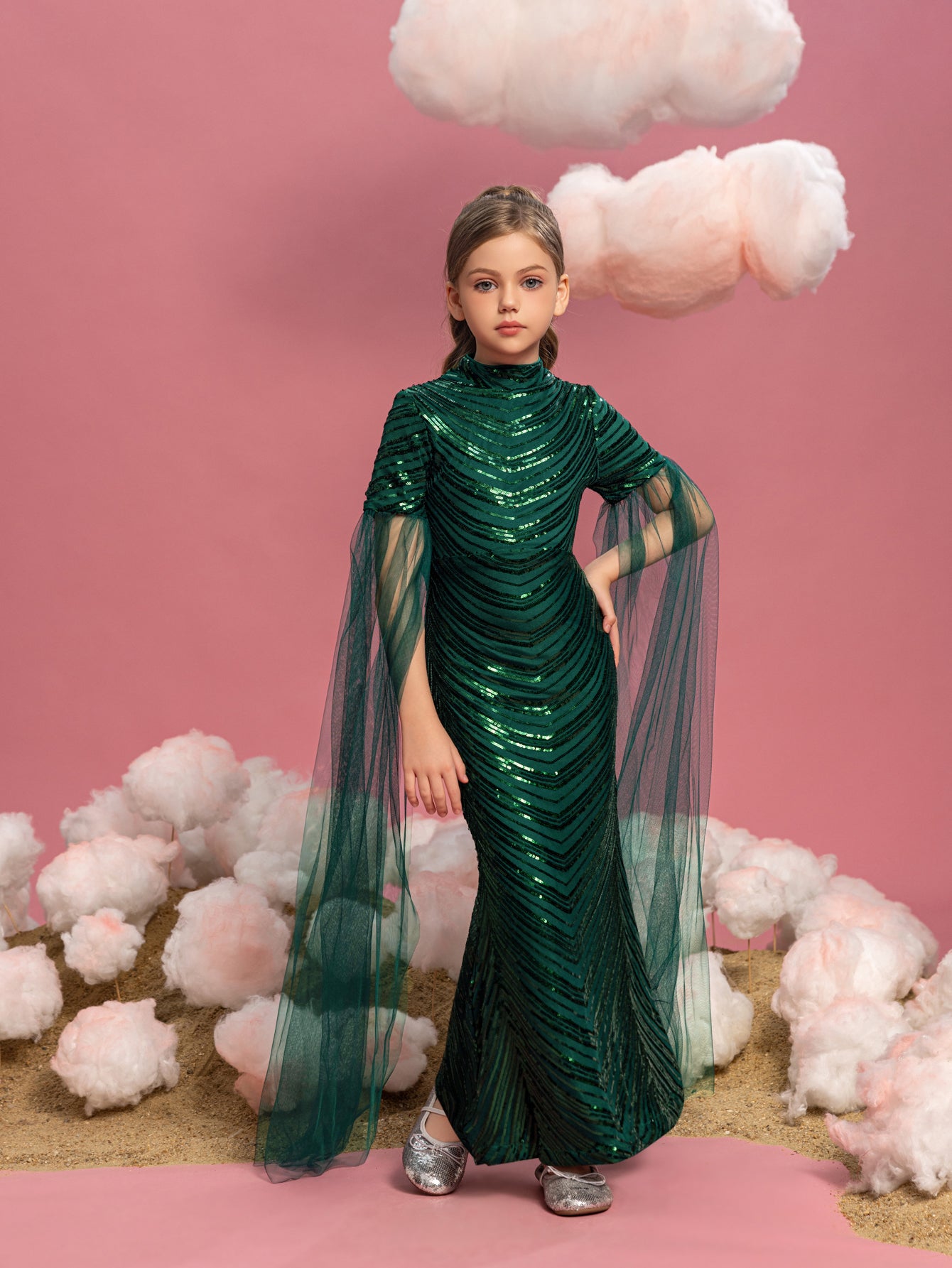 Tween Girls' Cloak Sleeves Sequin Mermaid Dress