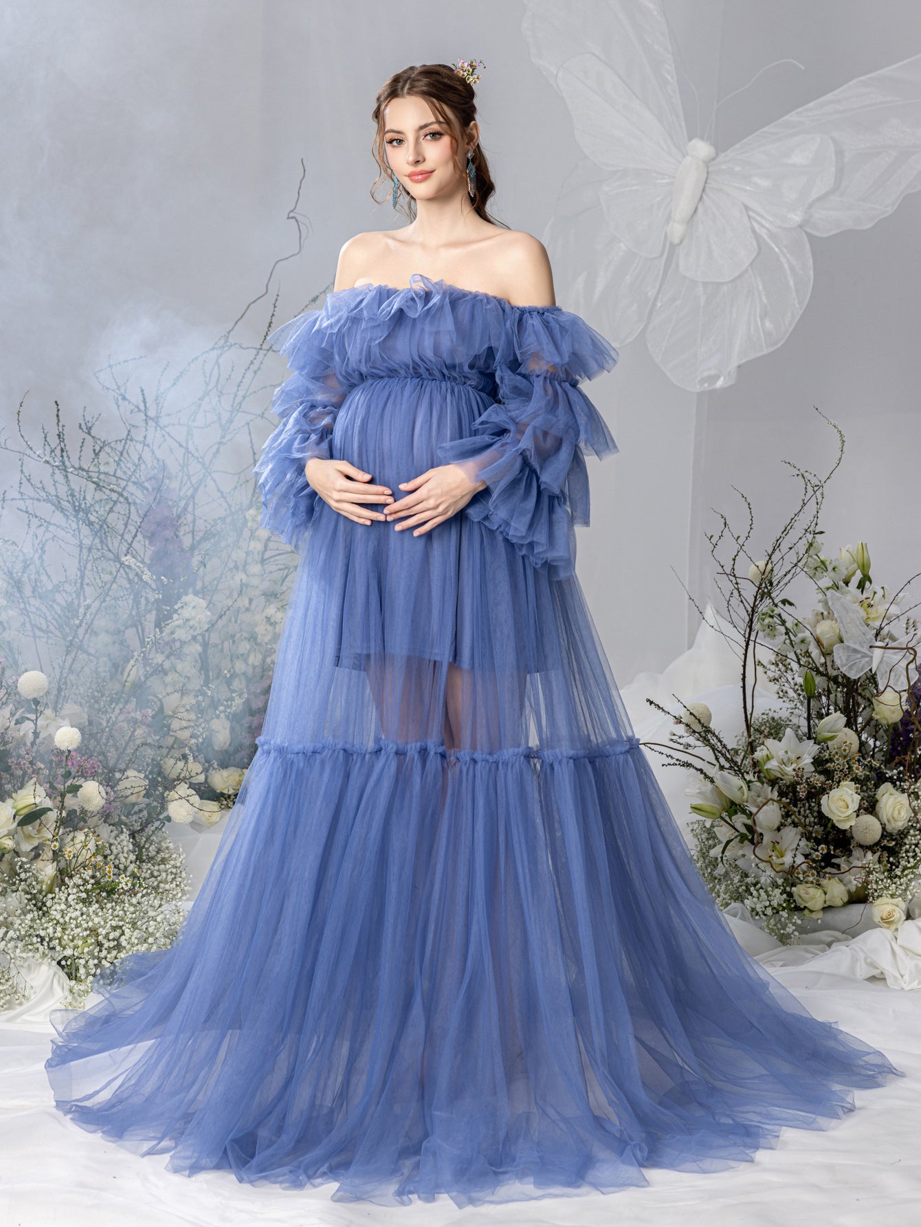 Maternity Ruffle Trim Off Shoulder Mesh Overlay Photography Dress