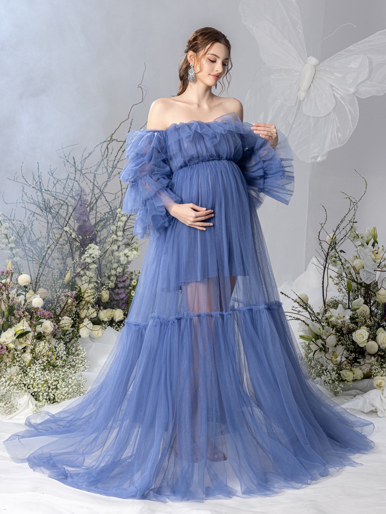 Maternity Ruffle Trim Off Shoulder Mesh Overlay Photography Dress