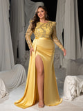 Plus Size Round Neck Long Sleeve Mermaid Hem Sequin Evening Gowns