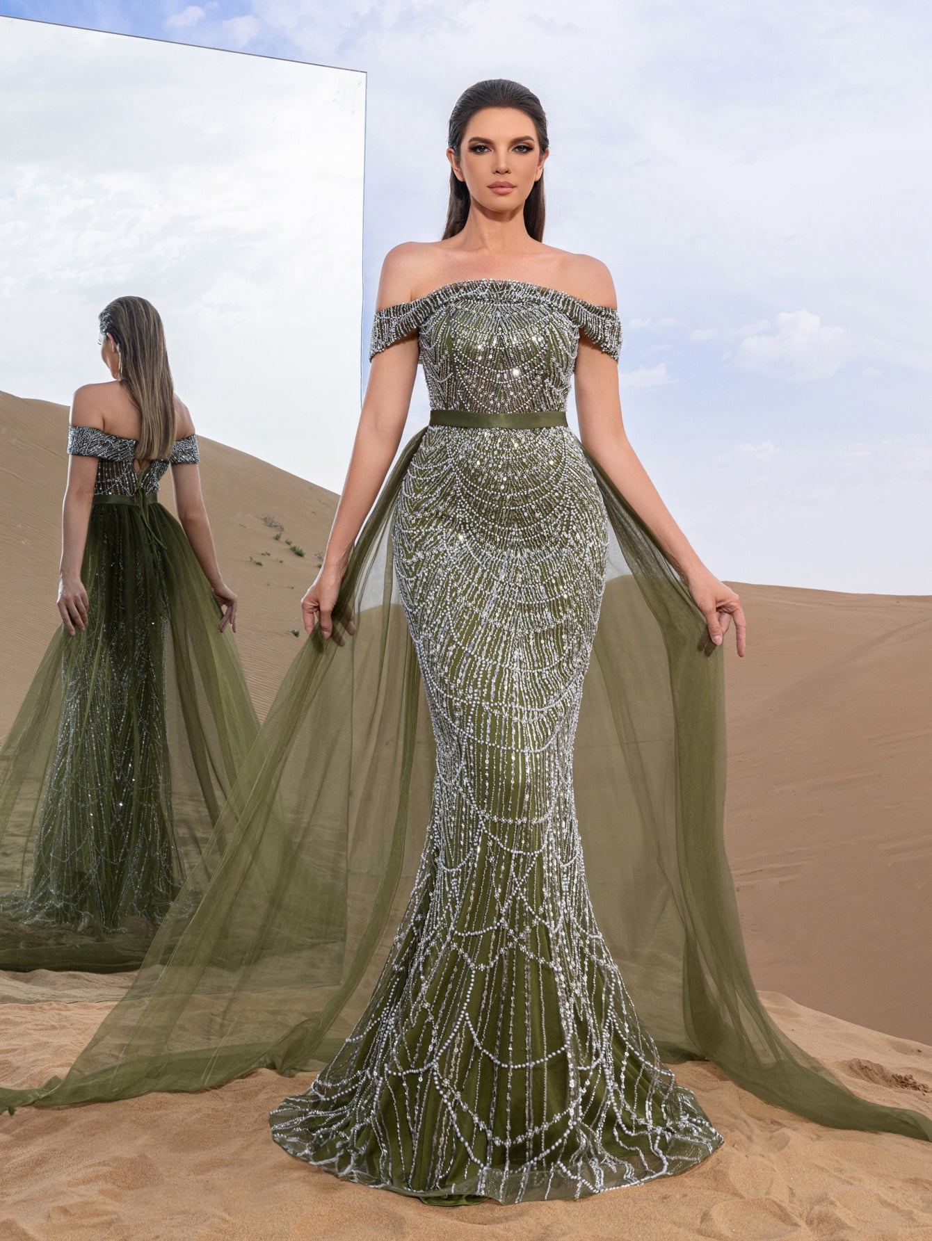 Luxury Off Shoulder Tulle Overlay Mermaid Hem Beaded Seuqin Evening Dress