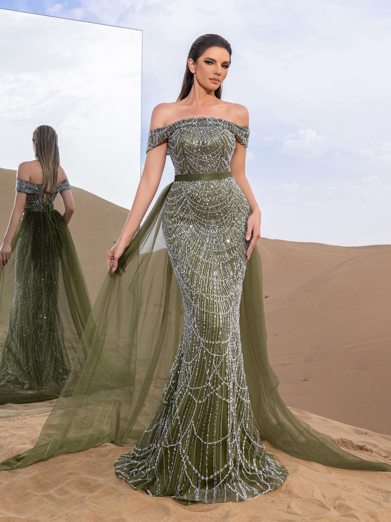 Luxury Off Shoulder Tulle Overlay Mermaid Hem Beaded Seuqin Evening Dress