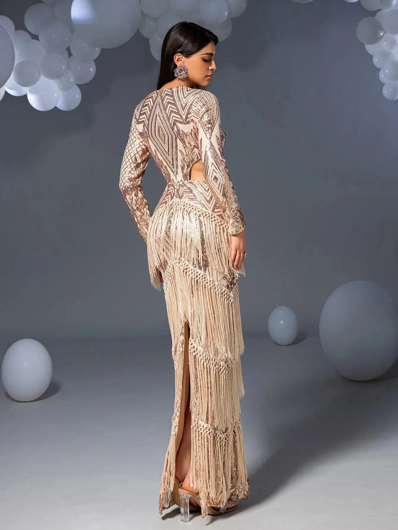 Gorgeous Cut Out Waist Fringed Sequin Party Dress