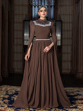 Elegant Mock Neck Extra-Long Sleeves Chiffon Evening Gown with White Bead Accents