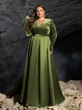 Plus-V-Ausschnitt-Langarmkleid aus Satin in A-Linie mit Gürtel 
