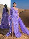 Plus Gorgeous Feather Trim One Shoulder Split Mermaid Hem Beaded Formal Dress Evening Dress