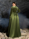 Plus-V-Ausschnitt-Langarmkleid aus Satin in A-Linie mit Gürtel 