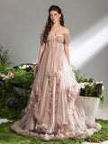 Gorgeous Off Shoulder Sheer Corset Bodice Ruffle Trim Tulle Prom Dress