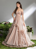 Gorgeous Off Shoulder Sheer Corset Bodice Ruffle Trim Tulle Prom Dress