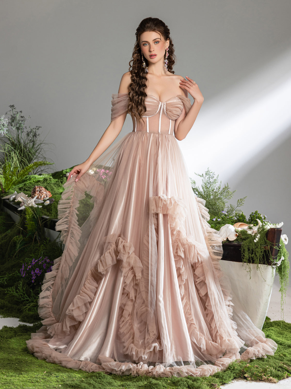 Gorgeous Off Shoulder Sheer Corset Bodice Ruffle Trim Tulle Prom Dress