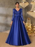 Elegant V-Neck Long Sleeve Evening Gown with Puffed Sleeve Detailing, Sequin Beaded Embellishments, Thin Waist Belt & Satin A-Line Skirt | Elegant Formal Dress for Special Occasions