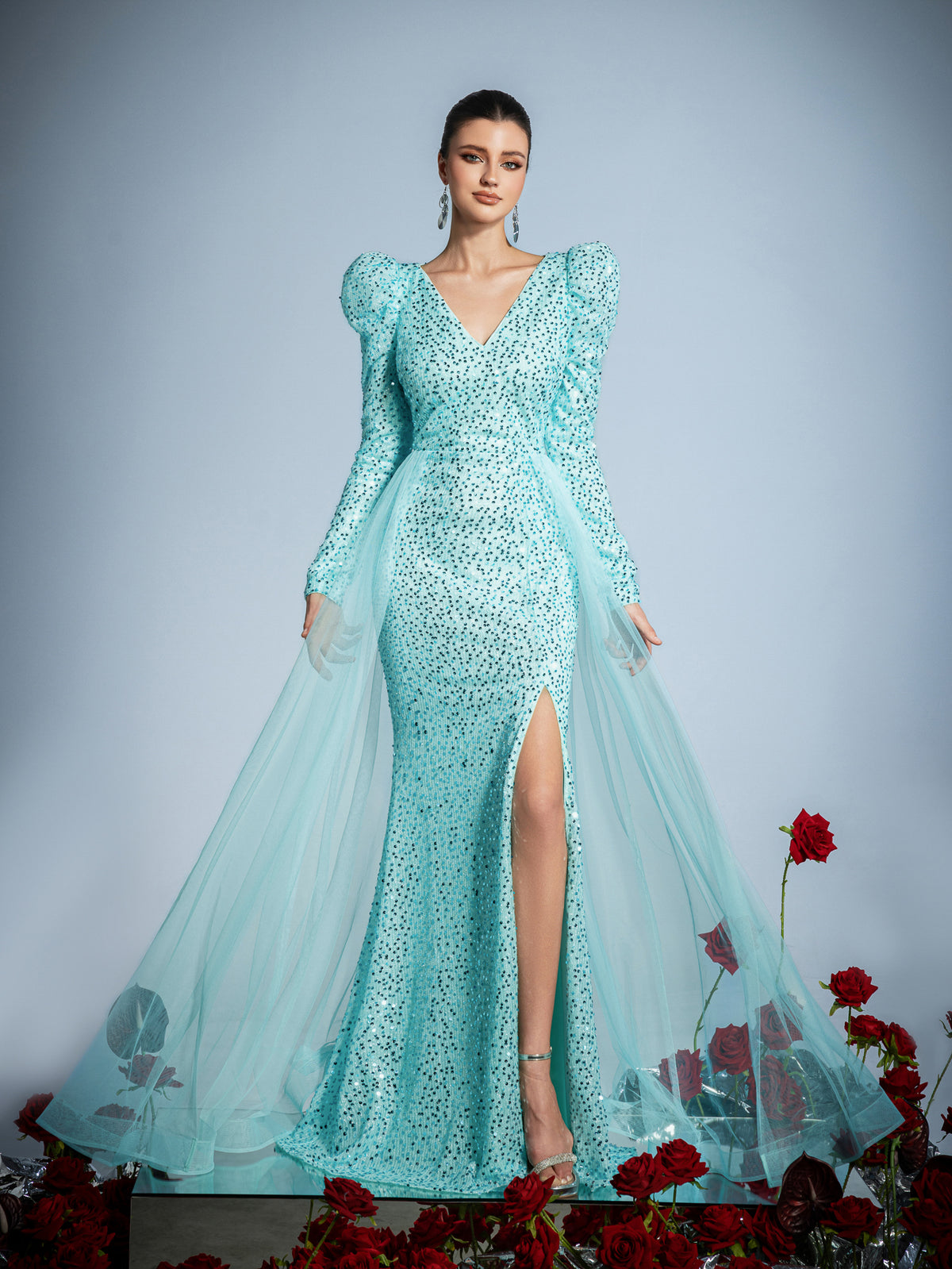 Gigot Sleeves Split Mermaid Hem Sequin Formal Dress