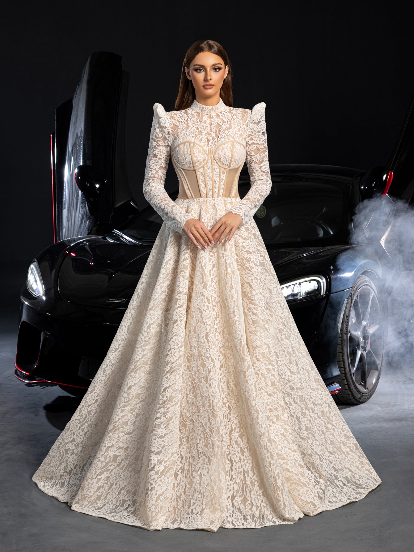 Gorgeous Mock Neck Long Sleeves Ball Hem Lace Wedding Dress