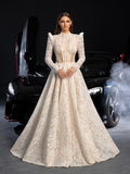 Gorgeous Mock Neck Long Sleeves Ball Hem Lace Wedding Dress