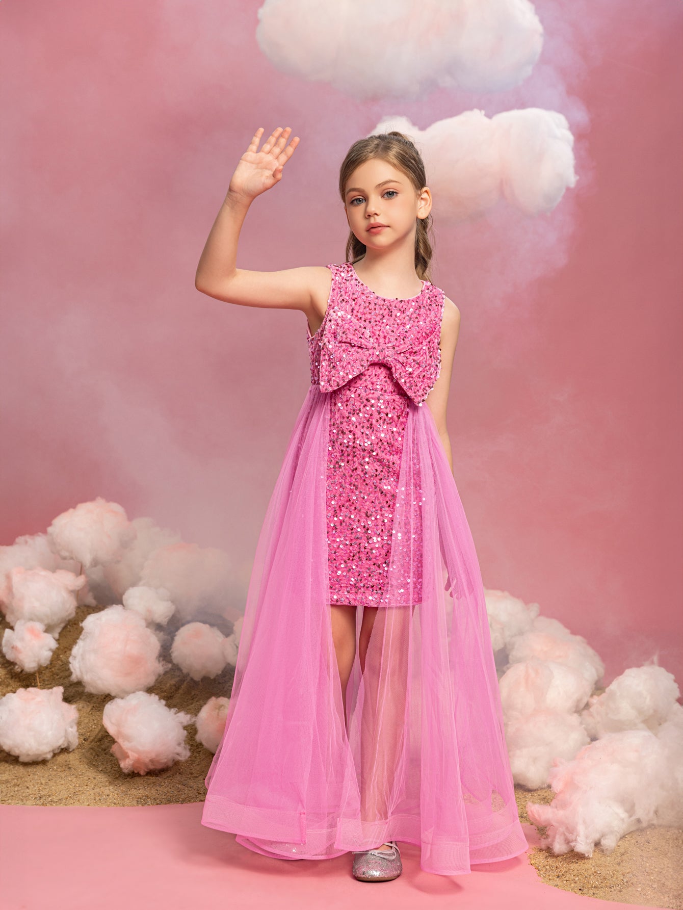 Tween Mädchen-Minikleid mit Schleife vorne und Mesh-Overlay und Pailletten 