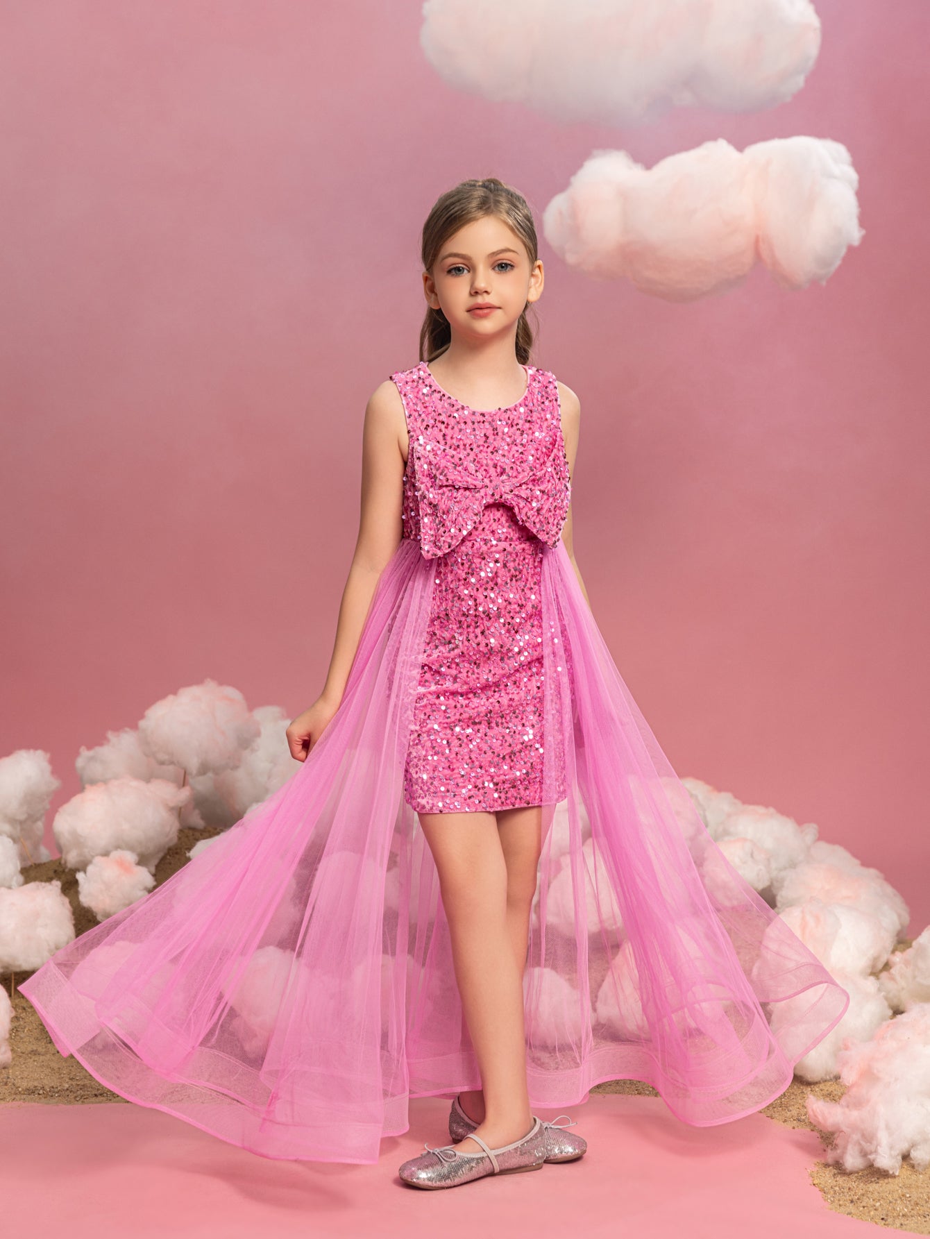 Tween Mädchen-Minikleid mit Schleife vorne und Mesh-Overlay und Pailletten 