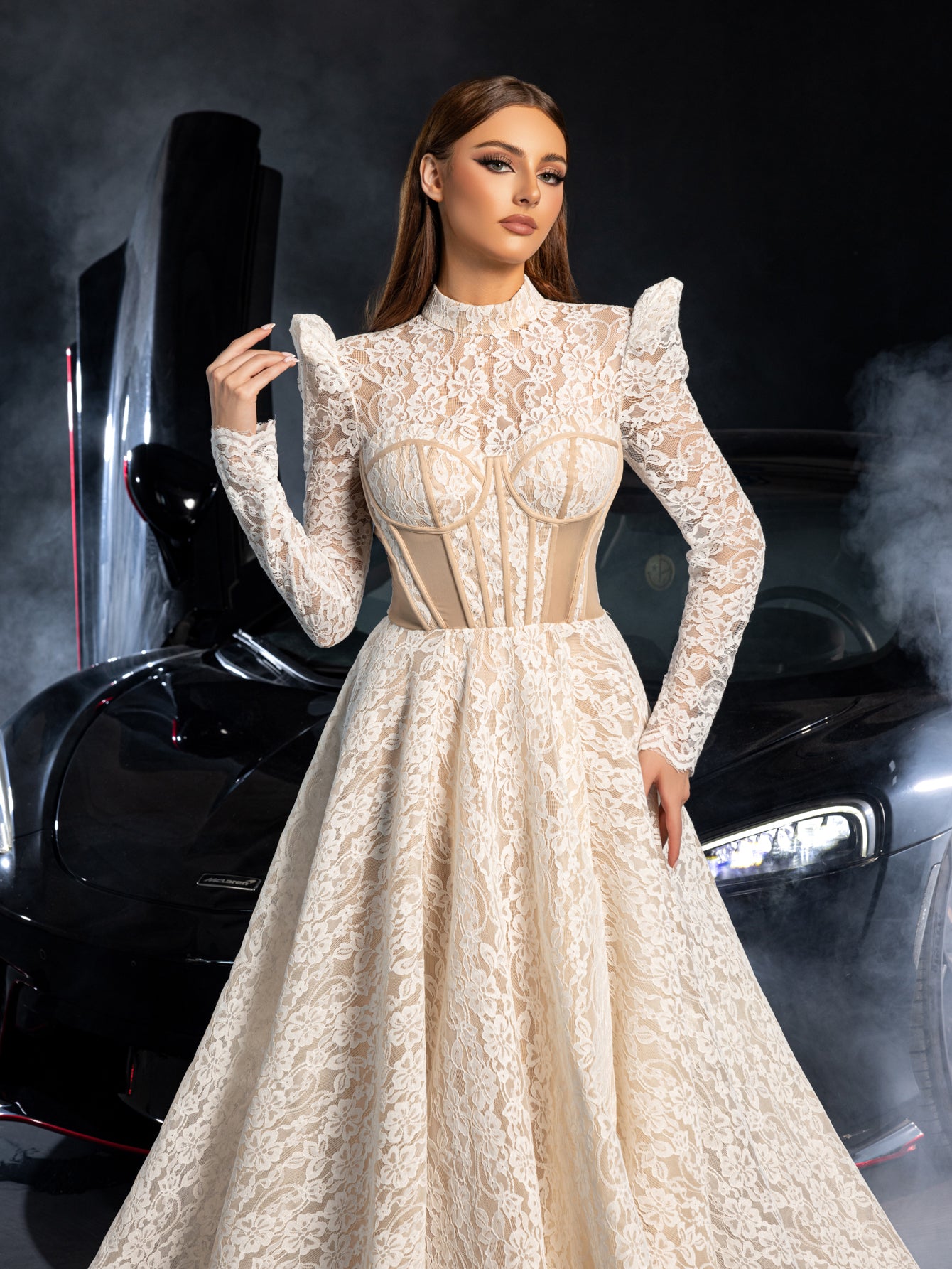 Gorgeous Mock Neck Long Sleeves Ball Hem Lace Wedding Dress